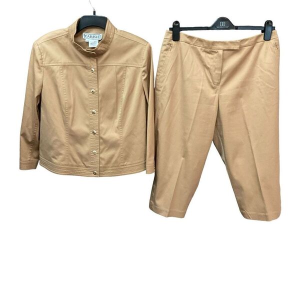 Carlisle Pantsuit Jacket Capri Pants Camel Safari Tan Cotton Blend Women Size 14 - Picture 1 of 15